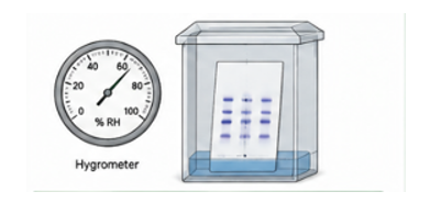 Hygrometer monitoring relative humidity beside a saturated HPTLC development chamber